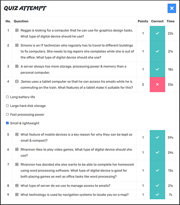 The student quiz answers popup