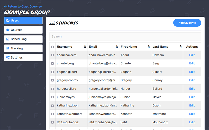 Registering students in the class manager