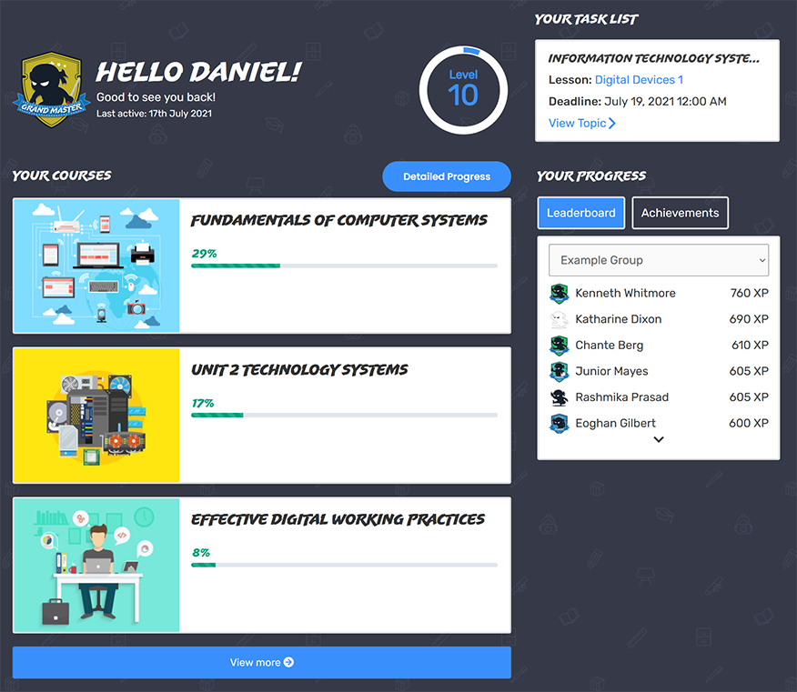 The student dashboard interface