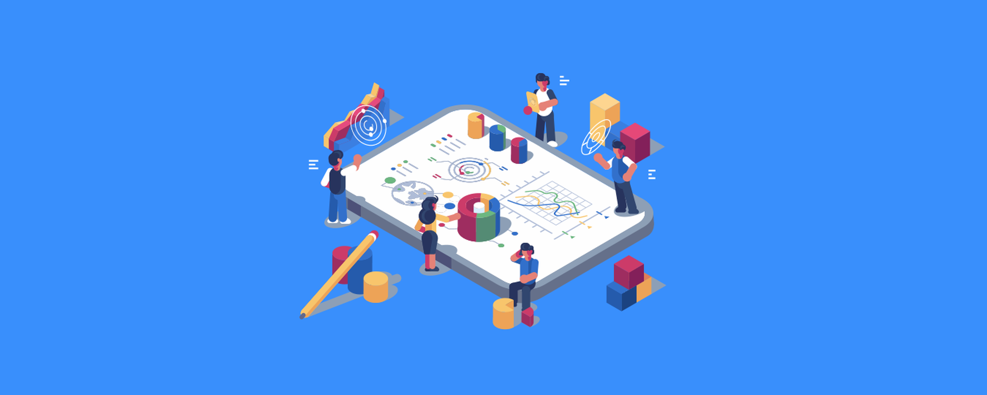 People working together around a large data dashboard with charts and graphs